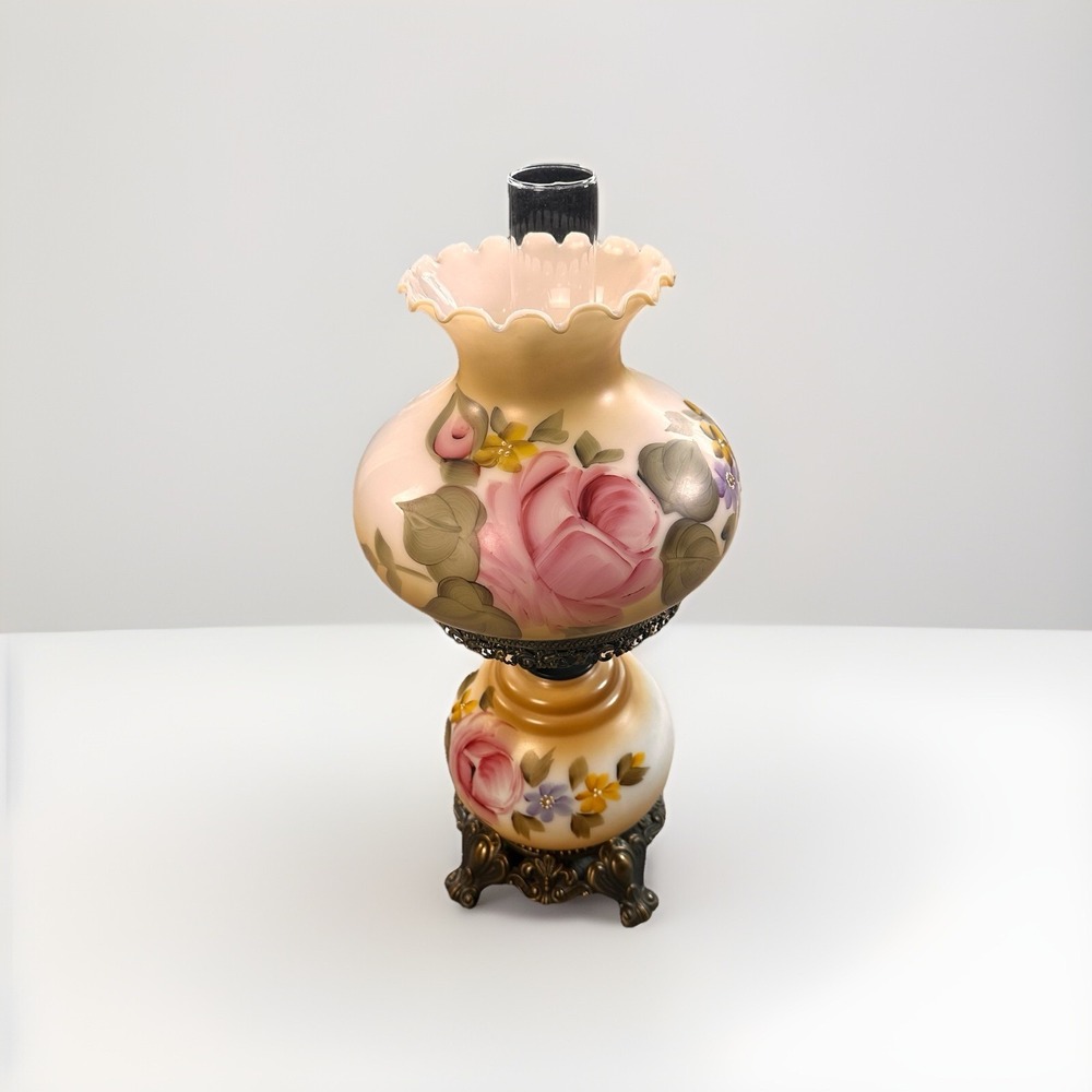 Antique Victorian GWTW Parlor Hurricane Lamp 3-Way Hand Painted Pink Flowers